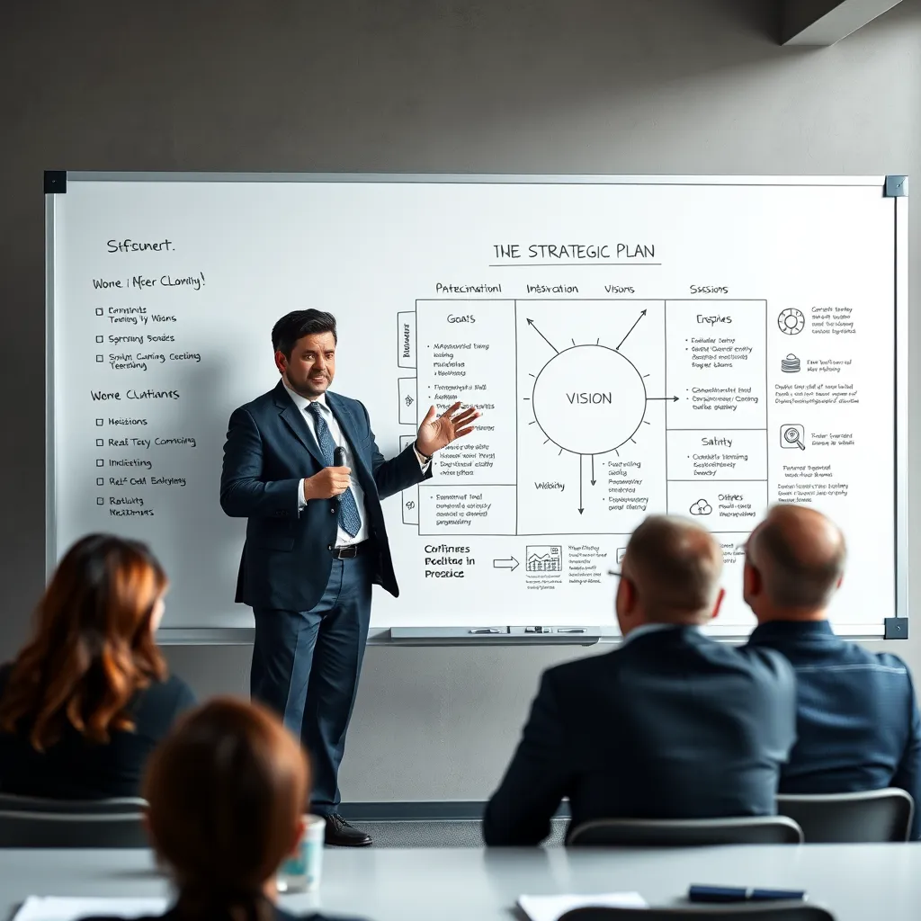 A confident business leader, standing at a whiteboard, presenting a strategic plan to a group of colleagues. The whiteboard displays a clear visual representation of the company's vision, mission, goals, and key initiatives. The scene should be professional, focused, and inspiring.